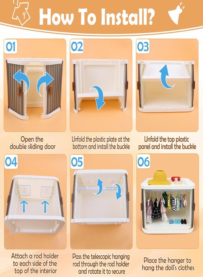 Catcan Doll Wardrobe Closet Foldable Doll Clothes Closet with Clothes Rack, Clothes Hangers and Storage Bags, Dust-Resistant Cover, Display Shelf and Sliding Doors (42Pcs) - Image 5